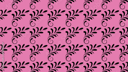 Stylized black floral swirl pattern on pink background in diagonal layout
