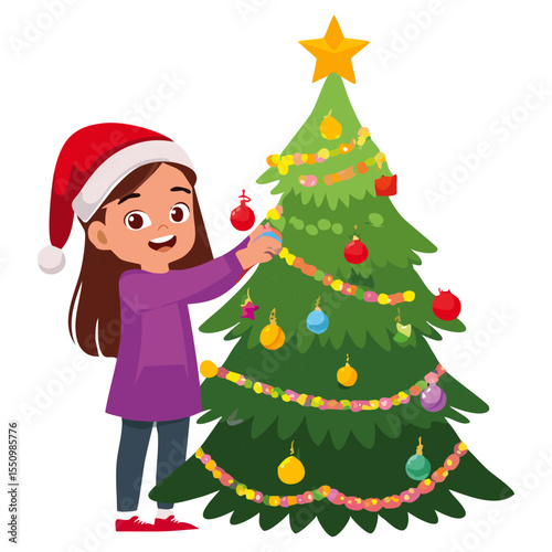 Children decorate Christmas tree vector color illustration. Image of the process of preparation for the celebration of the new year on an isolated background