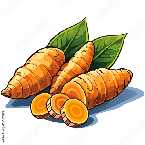 Turmeric root vector color illustration in sketch style. Line art of useful spice for packaging and design.