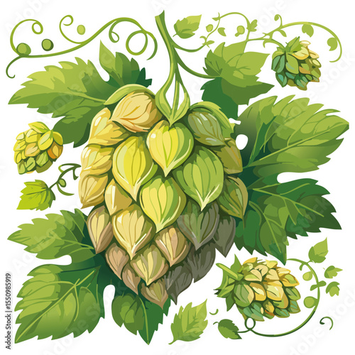 Hop cones on a branch color vector illustration. Image of an ingredient for beer with leaves on an isolated background. For packaging and design