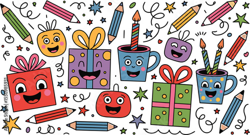 Colorful Gift Boxes and Party Items Seamless Pattern vector illustration,Generative Ai