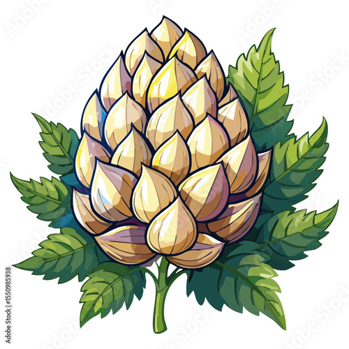 Hop cones on a branch color vector illustration. Image of an ingredient for beer with leaves on an isolated background. For packaging and design