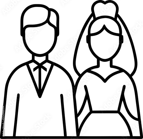 One continuous single drawing black line art doodle of wedding couple bride and groom standing side by side, holding hands, illustration