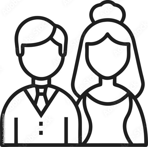 One continuous single drawing black line art doodle of wedding couple bride and groom standing side by side, holding hands, illustration