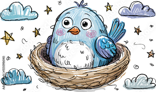 Blue bird resting in nest surrounded by clouds and stars in crayon sketch style vector illustration,Generative Ai
