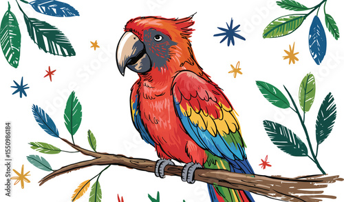 parrot perched on tree branch with colorful leaves in crayon sketch style vector illustration,Generative Ai