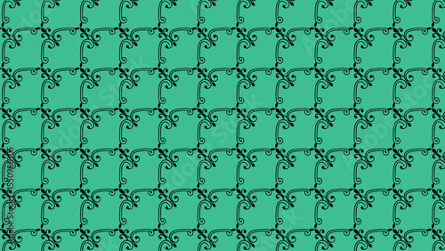 Seamless decorative pattern with black vintage corner ornaments on turquoise background
