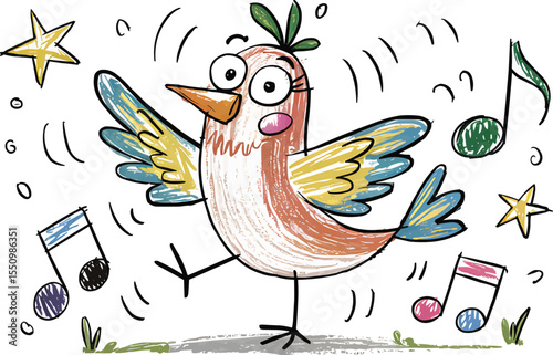 Dancing bird with colorful music notes and stars in naive art crayon sketch style vector illustration,Generative Ai