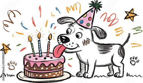 Dog in party hat licking birthday cake in crayon sketch style cardvector illustration,Generative Ai