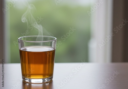 A steaming cup of tea sits on a wooden table with a blurred green background