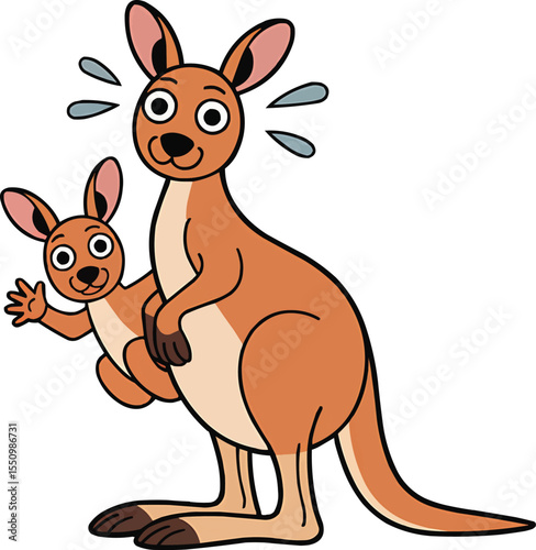 Cartoon kangaroo with baby joey in pouch and funny expression vector illustration,Generative Ai