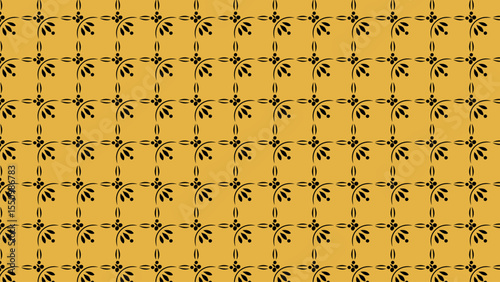 Seamless mustard pattern with black minimal leaf swirl motifs
