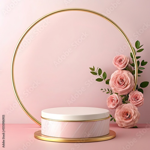 Golden product podium with leaf and white background