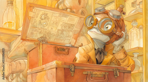steampunk cartoon detective with goggles and gear