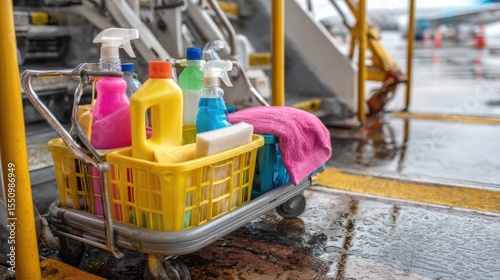 Wallpaper Mural Close-up of cleaning supplies in a rolling cart next to aircraft door Torontodigital.ca