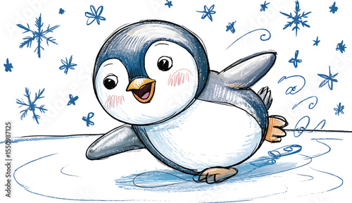Smiling penguin sliding on icy surface with snowflakes vector illustration,Generative Ai