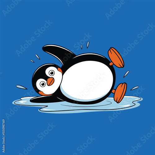 Cute penguin sliding on icy floor with blue background vector illustration,Generative Ai
