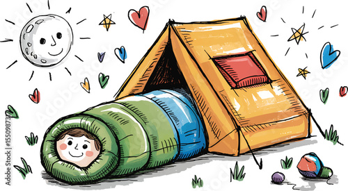 Crayon Boy peeking from sleeping bag beside tent under moon vector illustration,Generative Ai