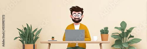 A cheerful young man with a beard and glasses sits at a minimalist desk working on a laptop Green plants