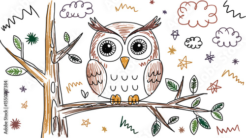 Big eyed owl sitting on tree with clouds and stars crayon vector illustration,Generative Ai