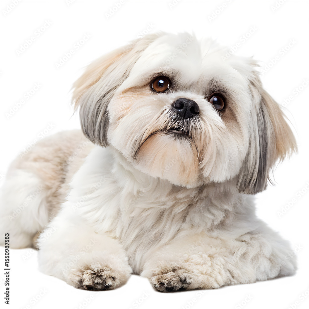 An adorable fluffy shih tzu puppy lies down on a white background, looking directly at the camera with calm, sweet eyes, isolated on transparent background An adorable fluffy shih tzu puppy lies down on a white background, looking directly at the camera with calm, sweet eyes, isolated on transparent background