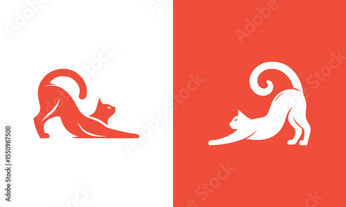 Stylized cat stretching on a split background ai generated