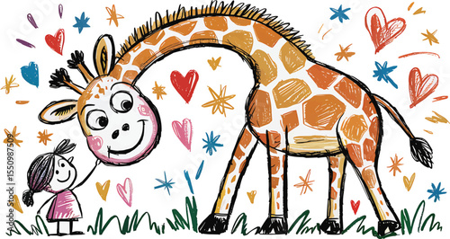 Girl touching smiling giraffe with hearts and stars vector illustration,Generative Ai