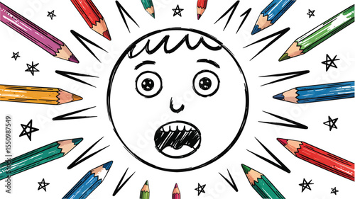 Surprised cartoon face surrounded by colorful pencils vector illustration,Generative Ai