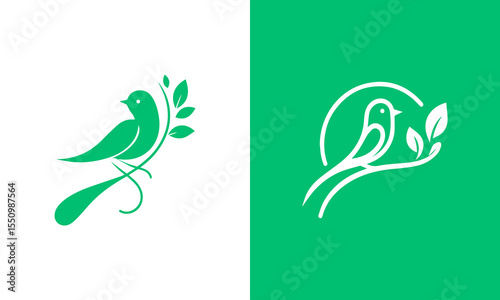 Elegant green bird perched on a branch with leaves logo design ai generated