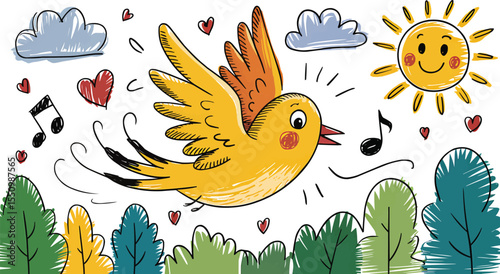 Yellow bird flying with music notes in colorful cartoon nature vector illustration,Generative Ai
