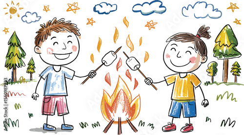 Boy and girl roasting marshmallows in crayon style drawing vector illustration,Generative Ai