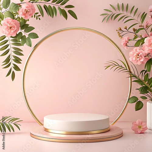 Golden product podium with leaf and white background