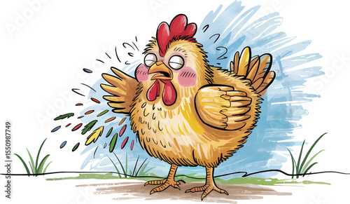 Cartoon chicken sneezing with colorful feathers flying out vector illustration,Generative Ai