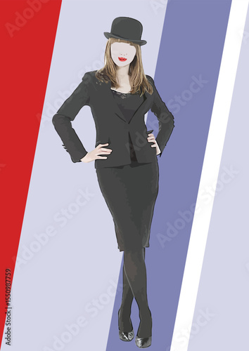 029-23-Stylish businesswoman wearing a bowler hat, posing with hands on hips against a colorful background. Hand drawn illustration