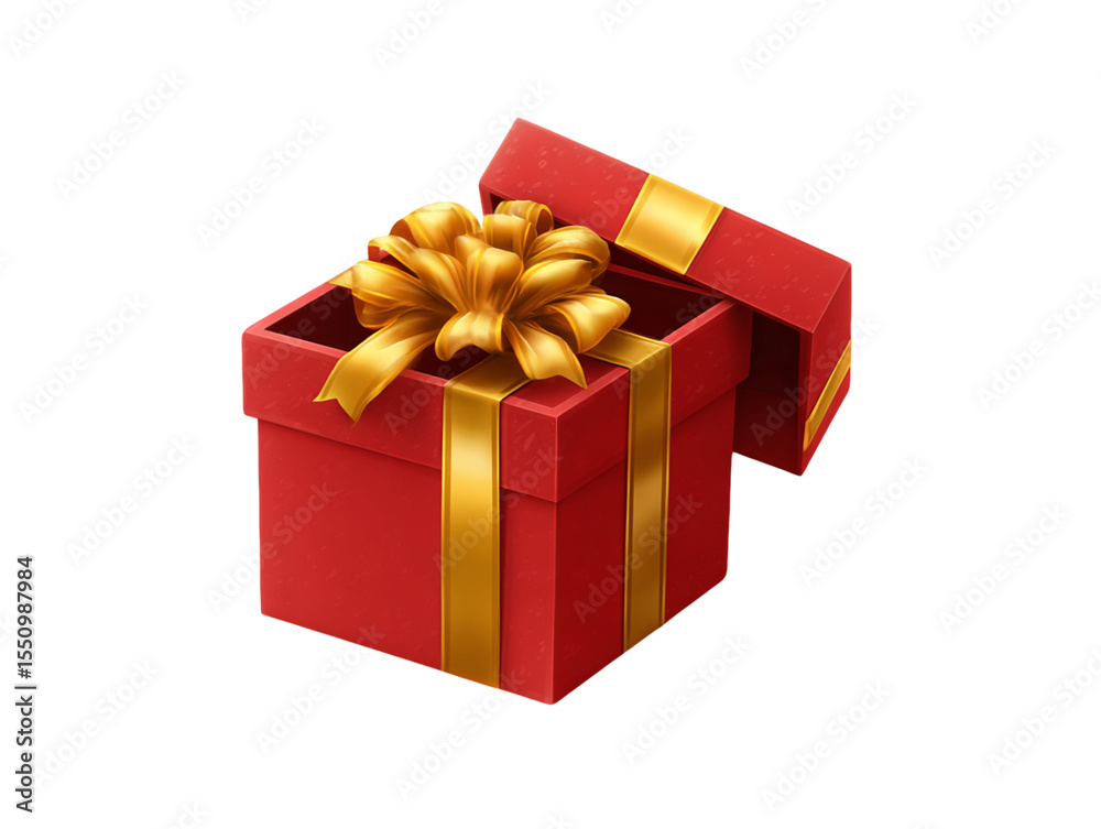 Fototapeta premium Open Red Gift Box with Gold Ribbon on Transparent Background, PNG
