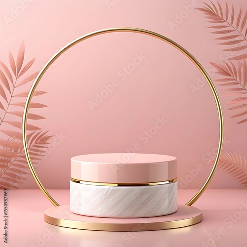 Golden product podium with leaf and white background