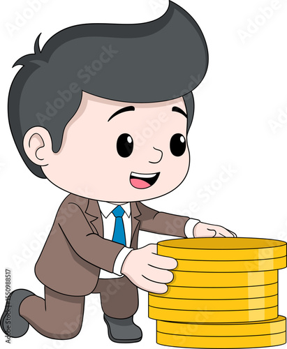 Cartoon businessman in suit happily stacking gold coins with money symbols floating around