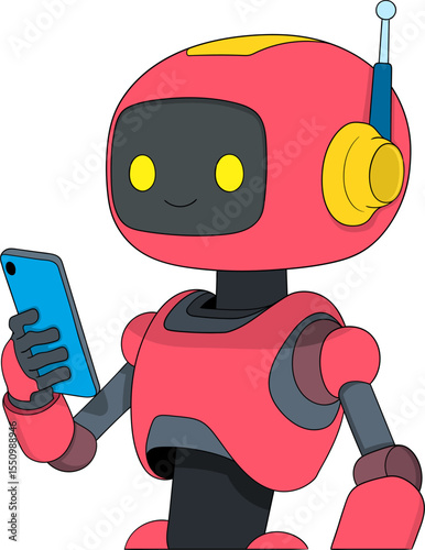 Red artificial intelligence robot holding and studying a smartphone with learning icons