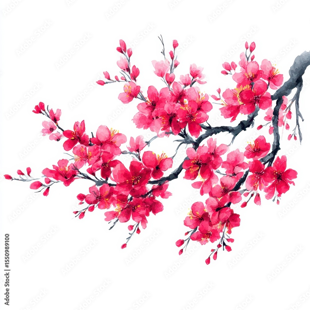 Fototapeta premium Plum blossom branch elegantly displayed in traditional Chinese ink painting with bright colors on a white background