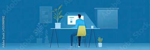 A minimalist desk setup illustrated in a modern style where a worker leans toward a glowing screen Surrounding them: leafy