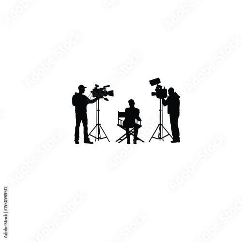 Silhouette of a filmmaker directing a scene with a camera crew on white background