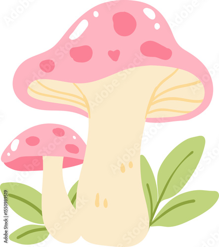 Pink Toadstool Mushroom Pair Illustration, Cute Pastel Forest Clipart for Autumn or Cottagecore Decor

