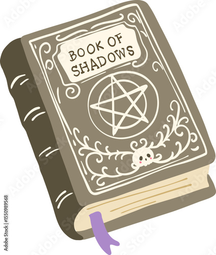 Book of Shadows Spellbook Illustration, Cute Witchy Halloween Clipart with Pentagram and Magical Decor

