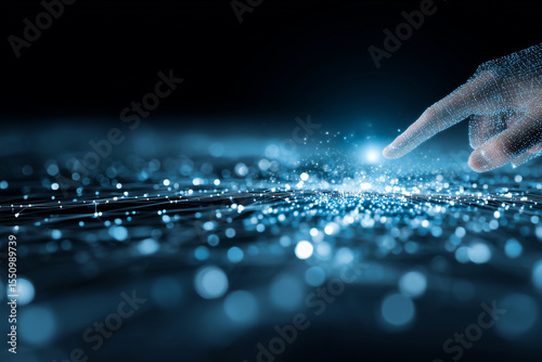 A hand pointing at a blue background with a lot of small dots