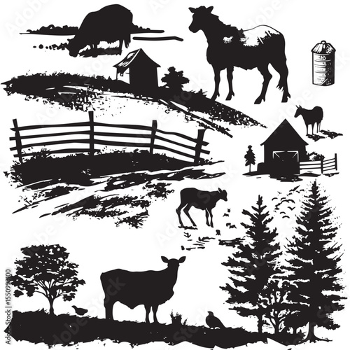 Set of farm life silhouette vector 