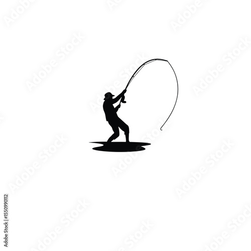 Silhouette of a fisher casting a net into a river on white background