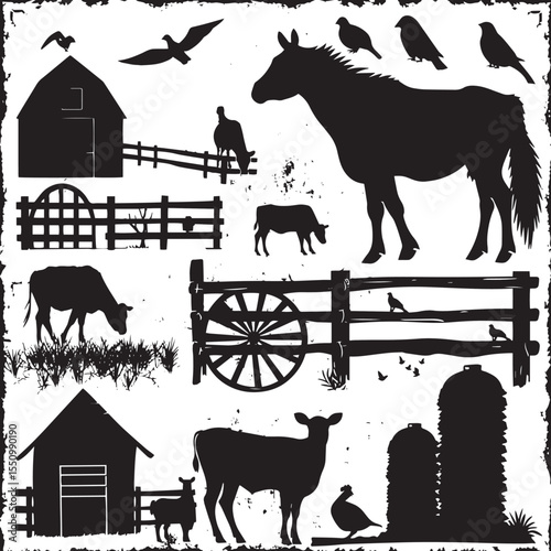 Set of farm life silhouette vector 