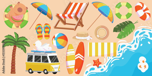 A collection of stickers featuring various beach and summer-related items