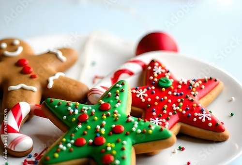 Christmas cookies with a gingerbread man, a green star, a red star, a candy cane, and a Christmas ball on a table with a blurred background