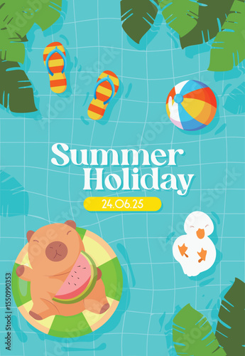 Summer promotion poster banner with summer tropical beach vibes background
